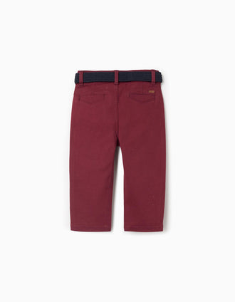 Pantalón chino ajustado de sarga con cinturón para bebé niño, rojo oscuro