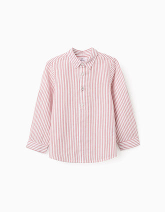 Camisa de manga larga de algodón a rayas para niño, blanco/rojo