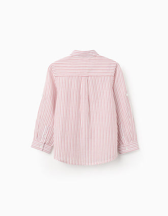 Camisa de manga larga de algodón a rayas para niño, blanco/rojo