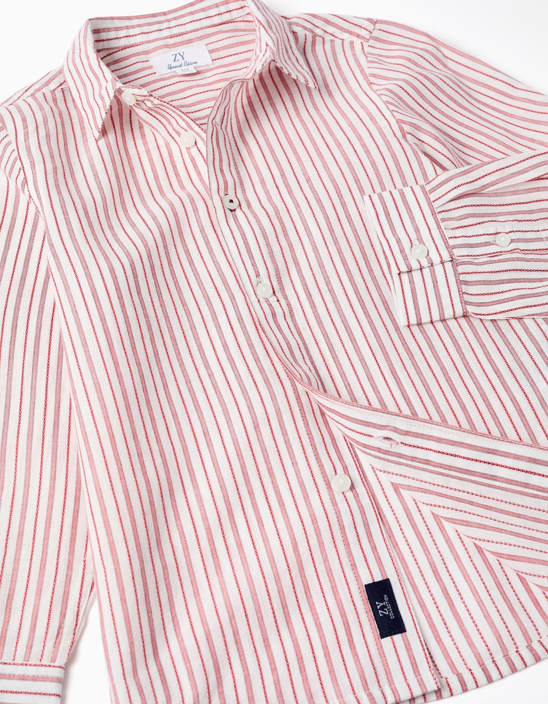 Long sleeve cotton shirt with stripes for boys, white/red