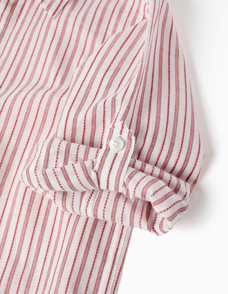Camisa de manga larga de algodón a rayas para niño, blanco/rojo