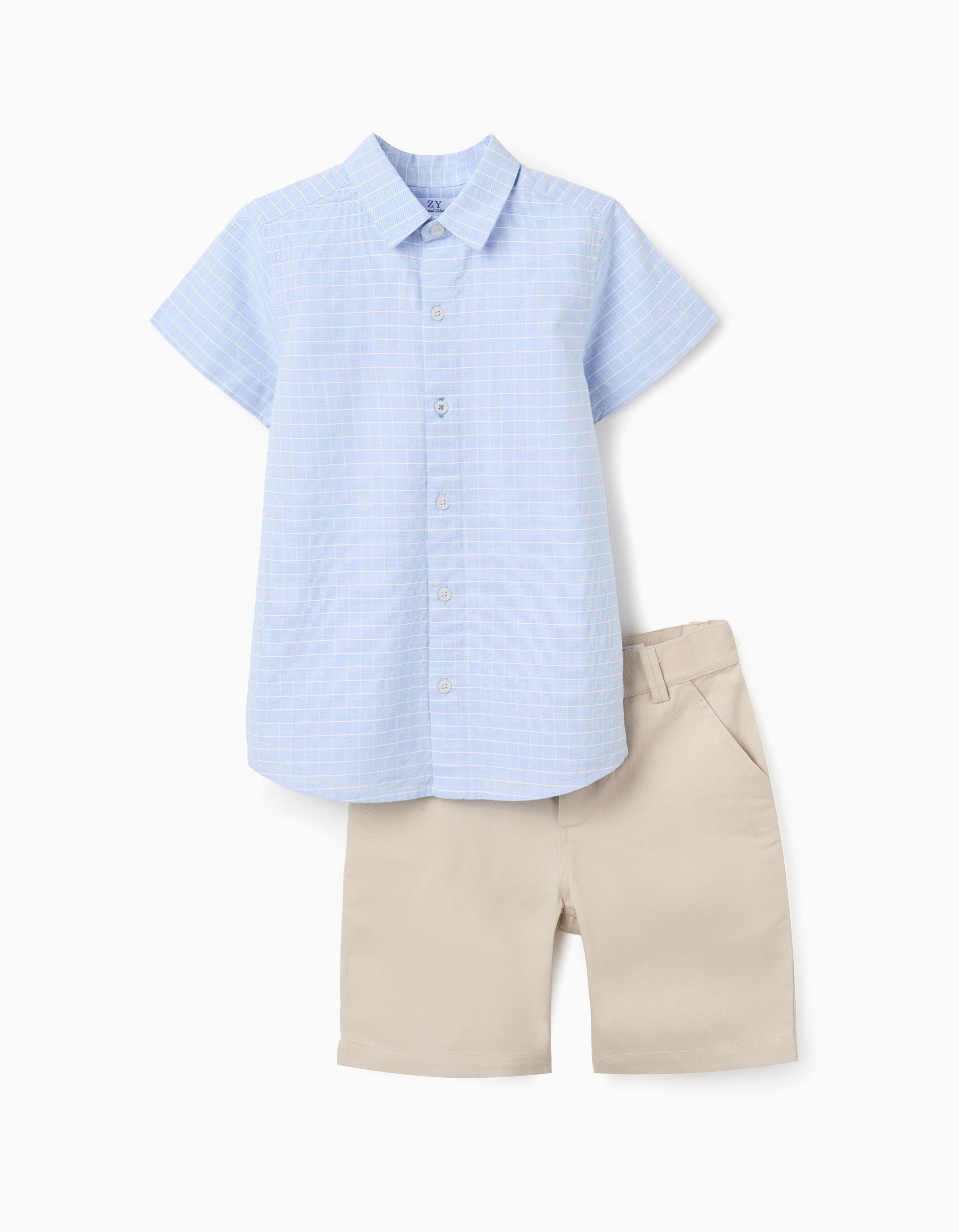 Chemise à manches courtes et short en coton pour garçon, bleu/beige