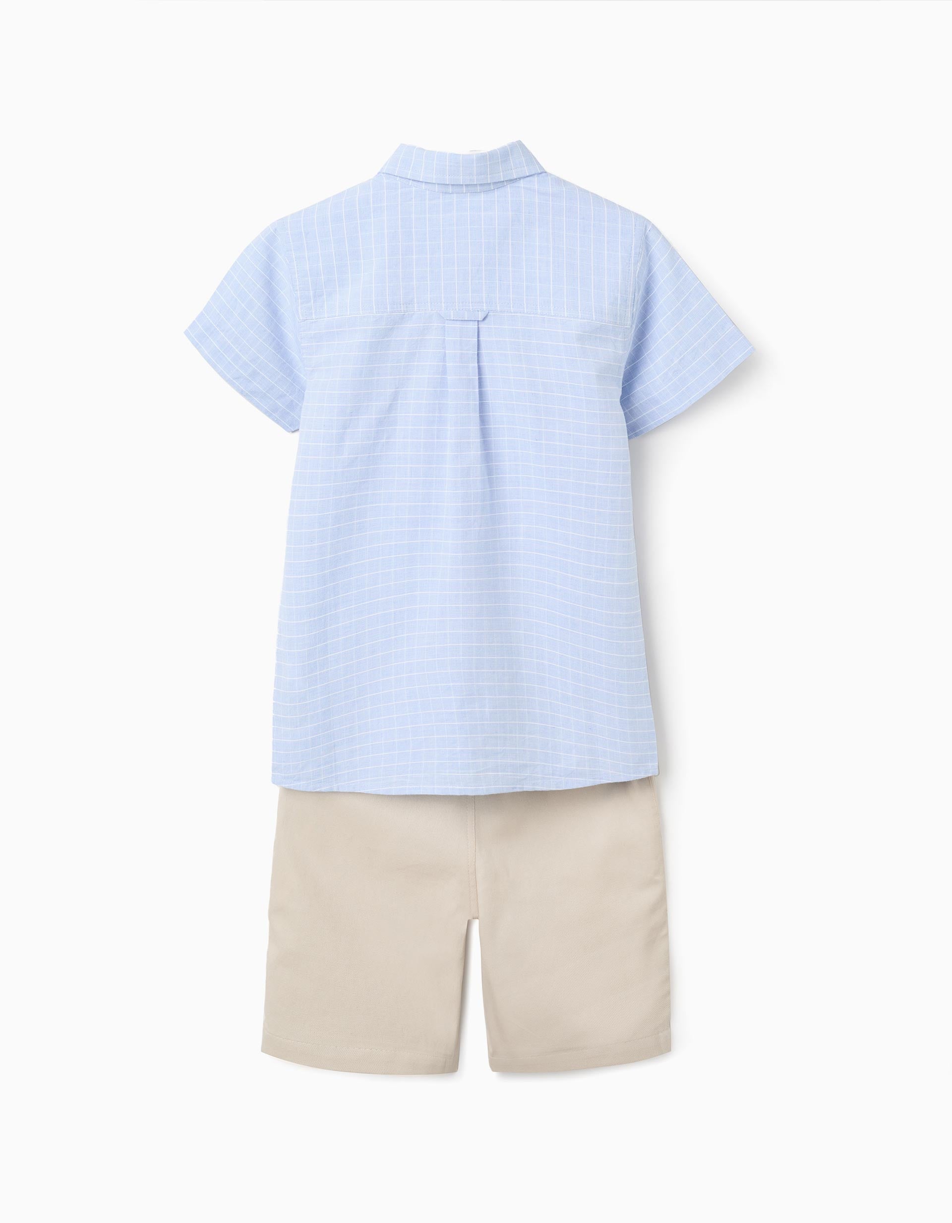 Chemise à manches courtes et short en coton pour garçon, bleu/beige