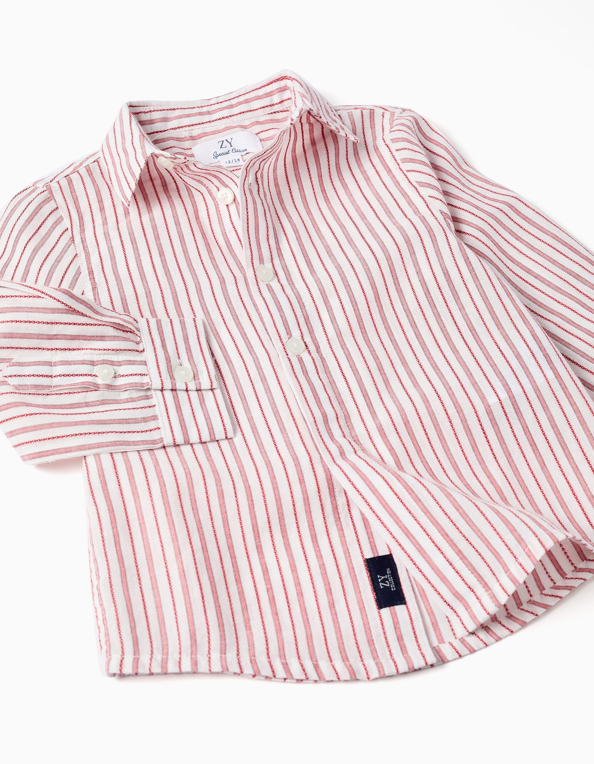 Chemise en coton à manches longues et rayures pour bébé garçon, blanc/rouge