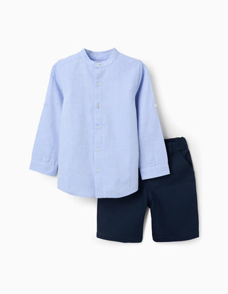 Camisa de manga larga a rayas + bermudas de algodón para niño, azul
