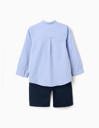 Camisa de manga larga a rayas + bermudas de algodón para niño, azul