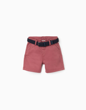 Calções midi de sarja com cinto para bebé menino, vermelho