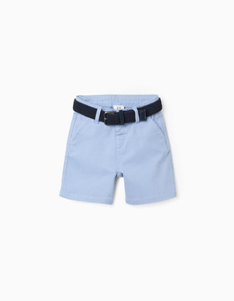 Calções midi de sarja com cinto para bebé menino, azul-claro