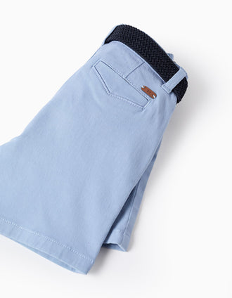 Calções midi de sarja com cinto para bebé menino, azul-claro
