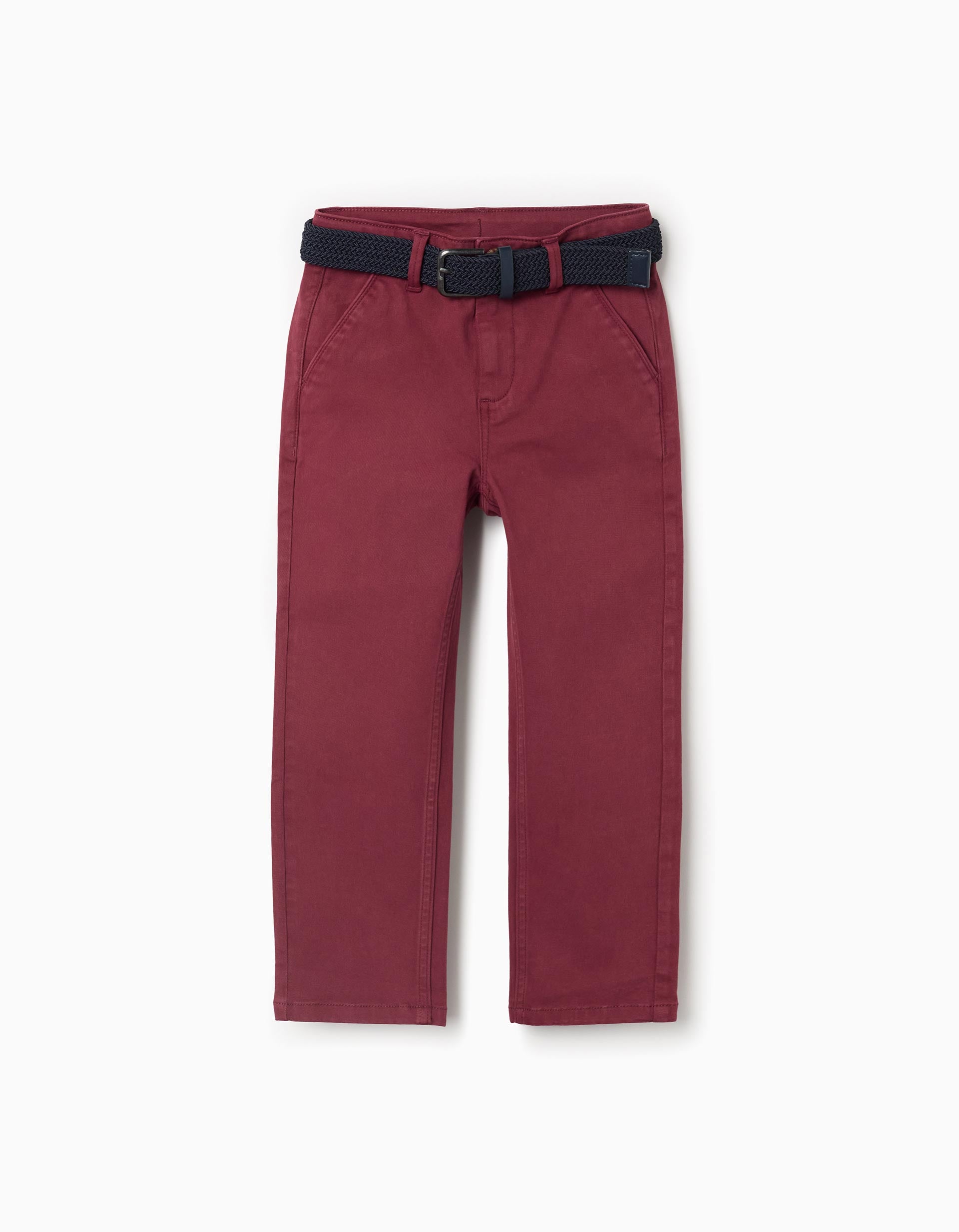 Pantalón chino ajustado de sarga con cinturón para niño, rojo oscuro