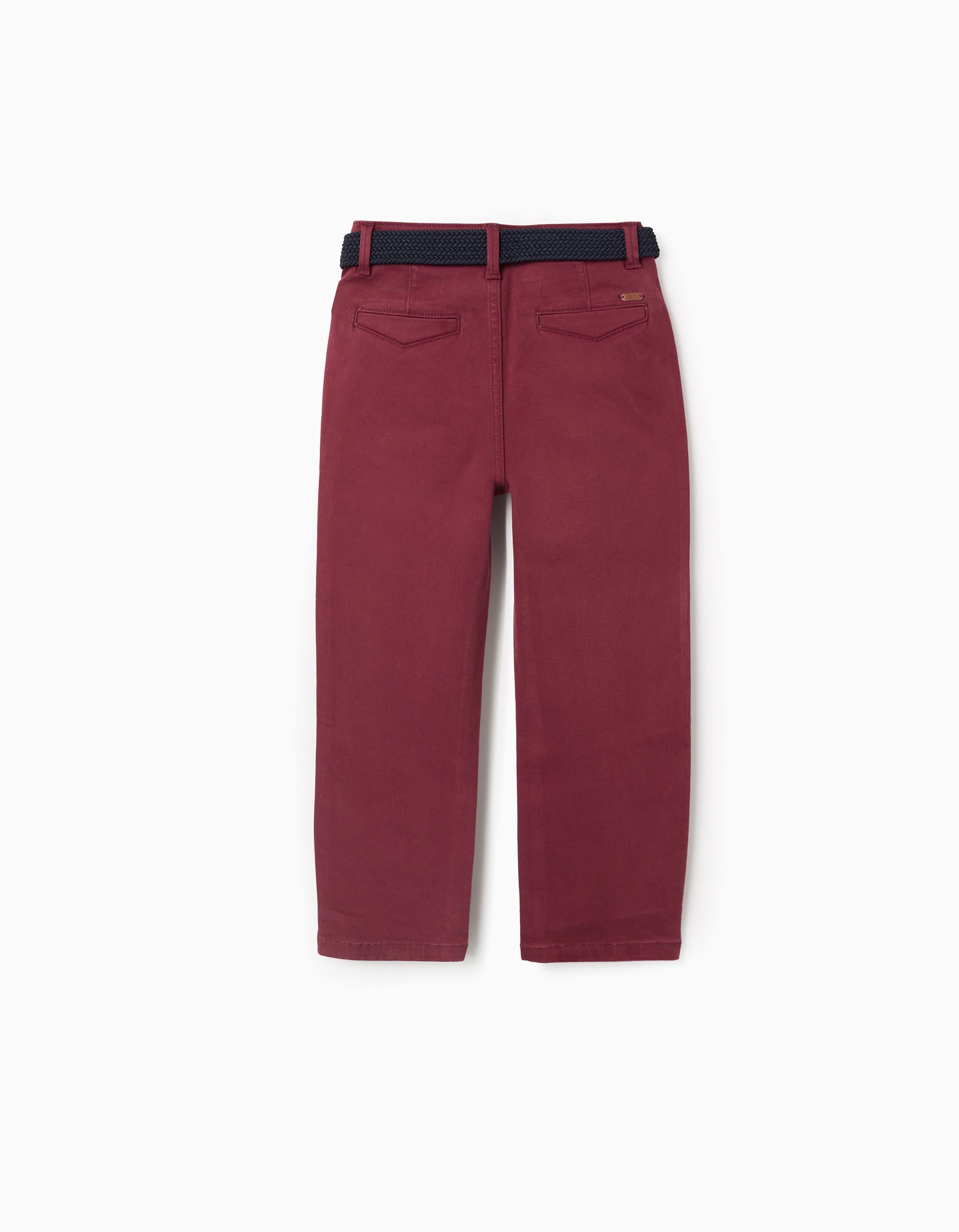 Pantalón chino ajustado de sarga con cinturón para niño, rojo oscuro