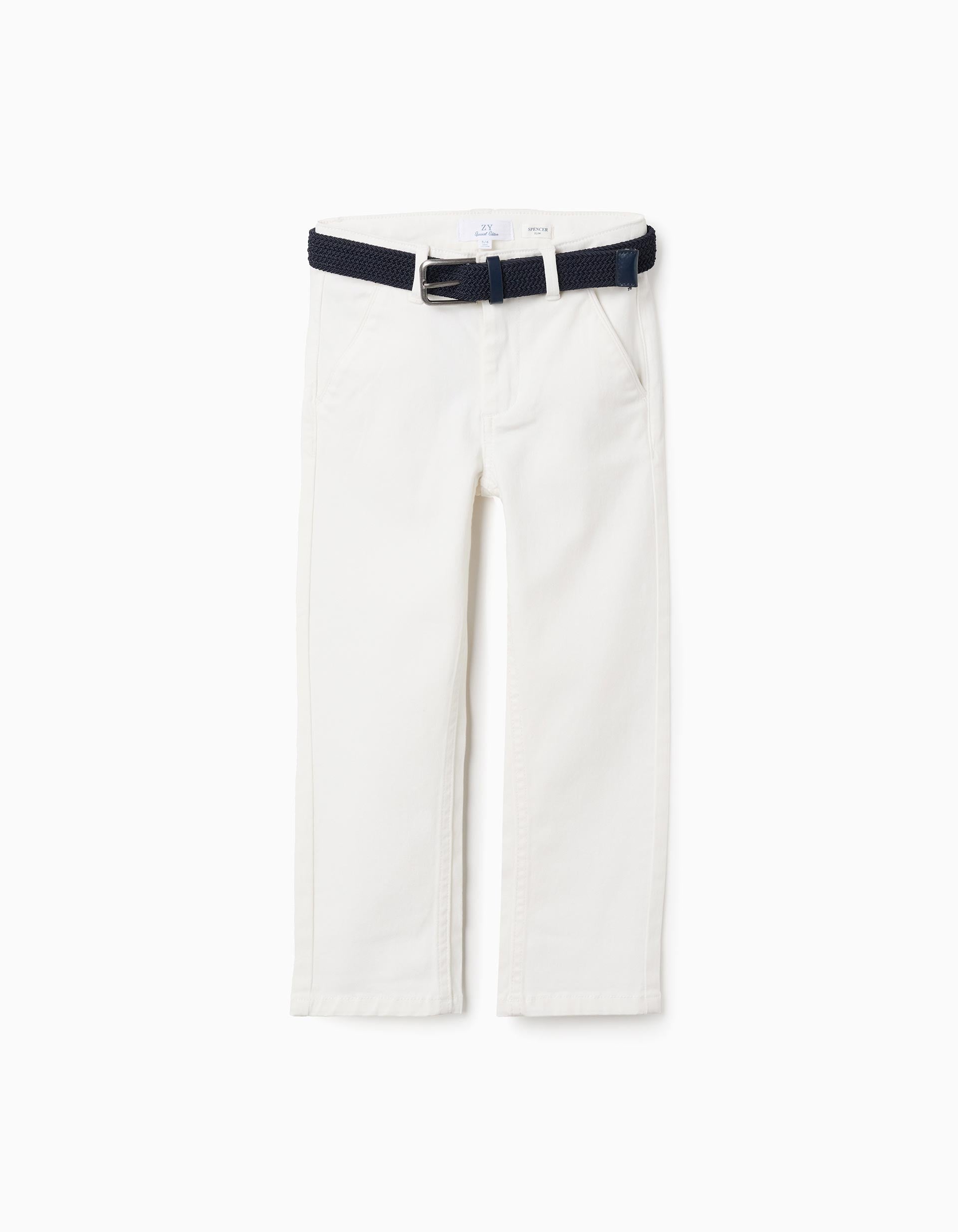 Pantalon chino ajusté en sergé avec ceinture pour garçon, blanc