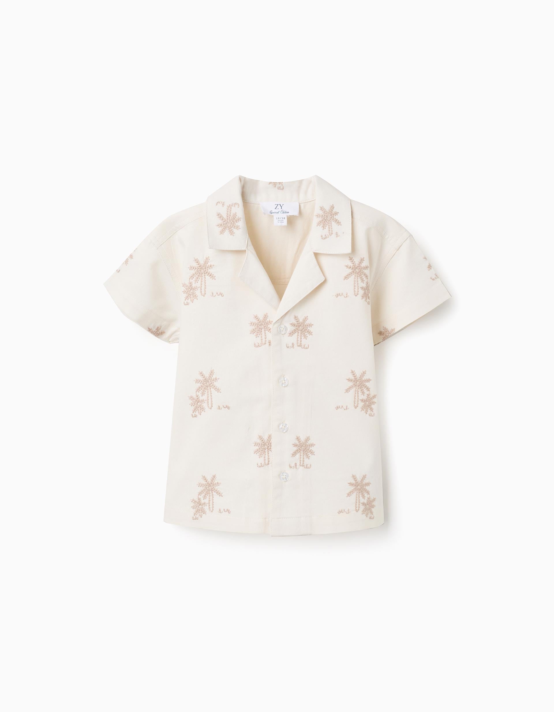Chemise en coton avec palmiers brodés pour bébé garçon, beige clair