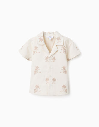 Camisa de algodón con palmeras bordadas para bebé niño, beige claro