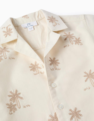 Camisa de algodón con palmeras bordadas para bebé niño, beige claro