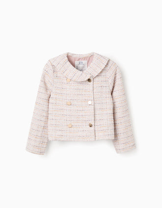 Chaqueta de tweed con cuello marinero y pliegues para niña, rosa