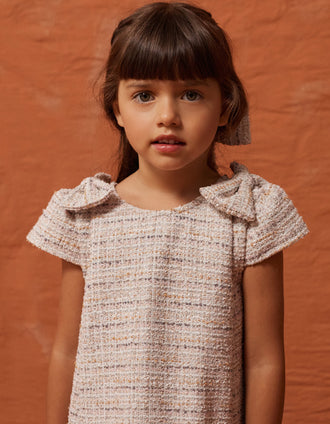 Vestido de tweed de línea A con lazos decorativos para niña, rosa