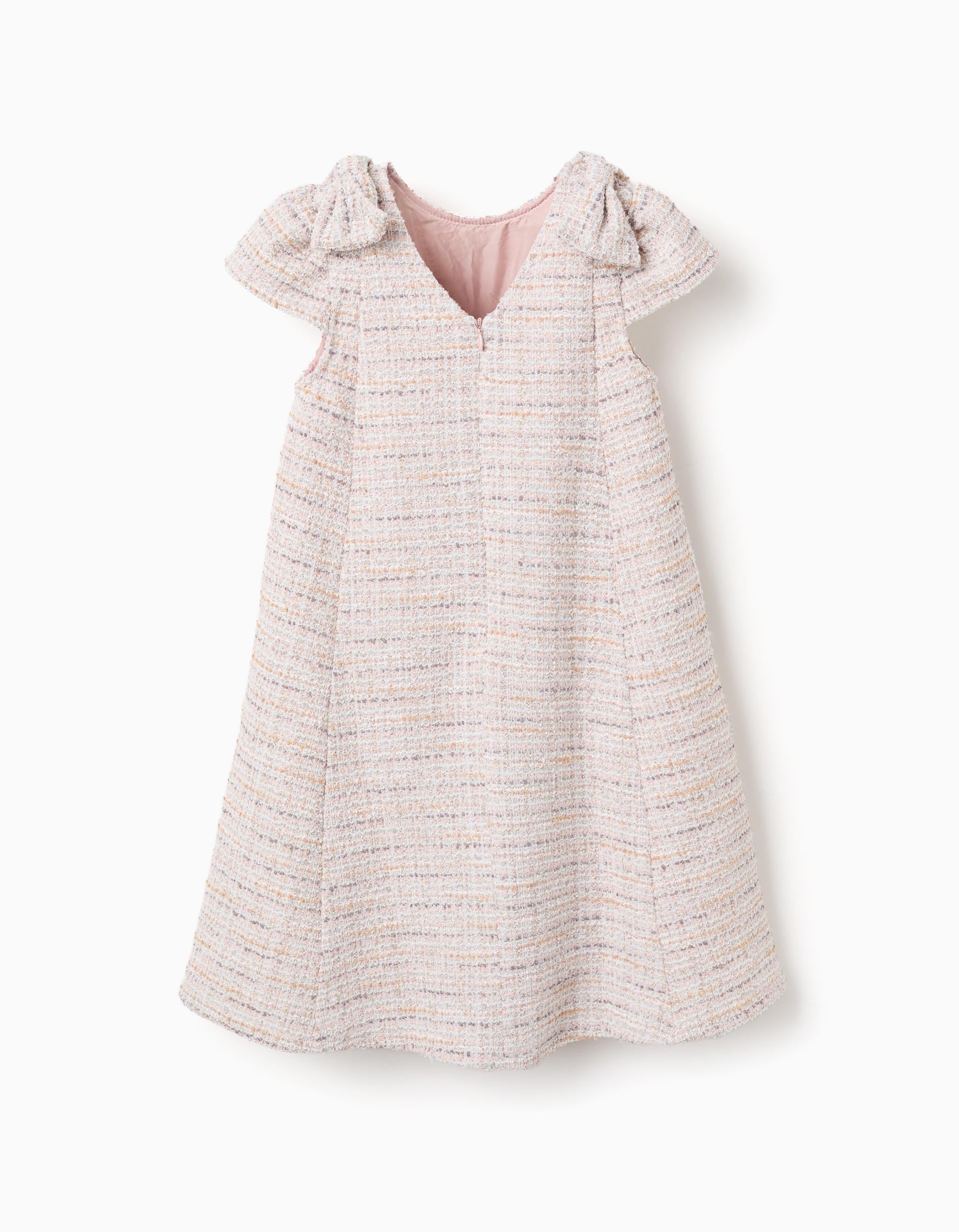 A-line tweed dress with decorative bows for girls, pink