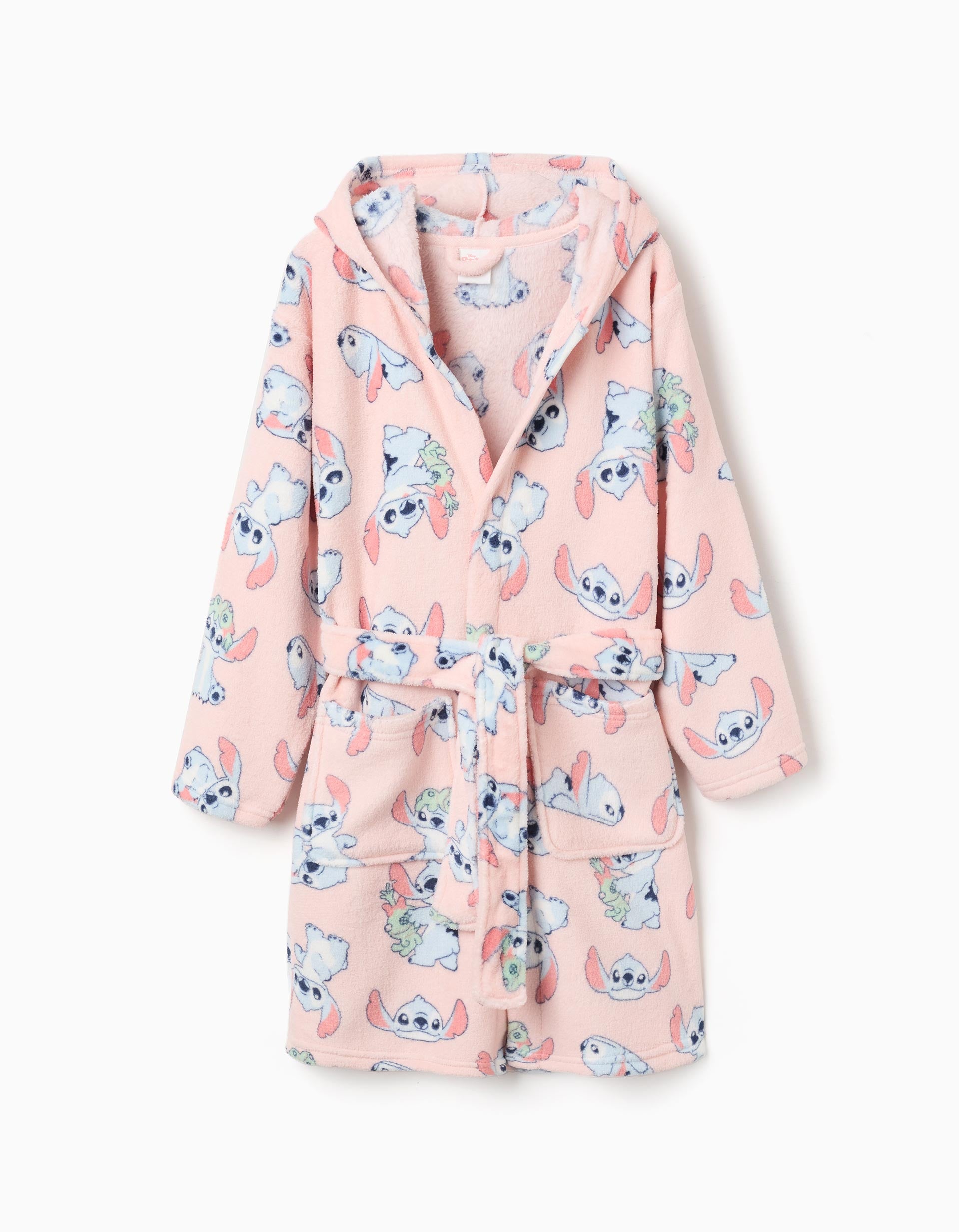Coral fleece dressing gown with Stitch motif for girls, pink