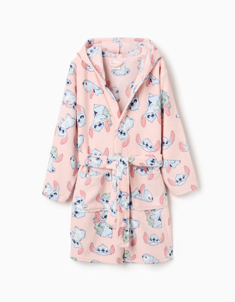 Coral fleece dressing gown with Stitch motif for girls, pink