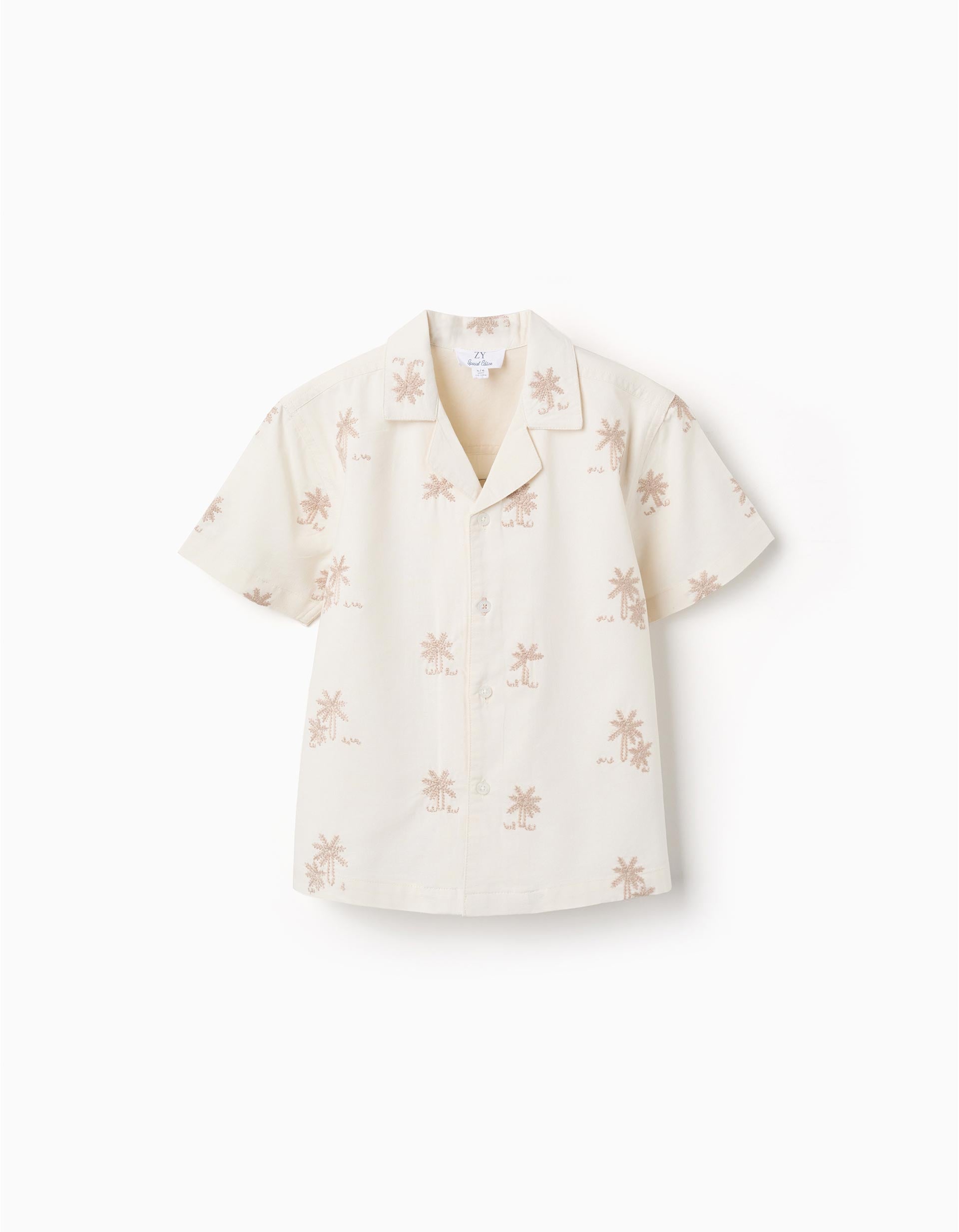 Cotton shirt with embroidered palm trees for boys, light beige