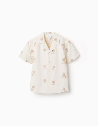 Camisa de algodão com palmeiras bordadas para menino, bege-claro