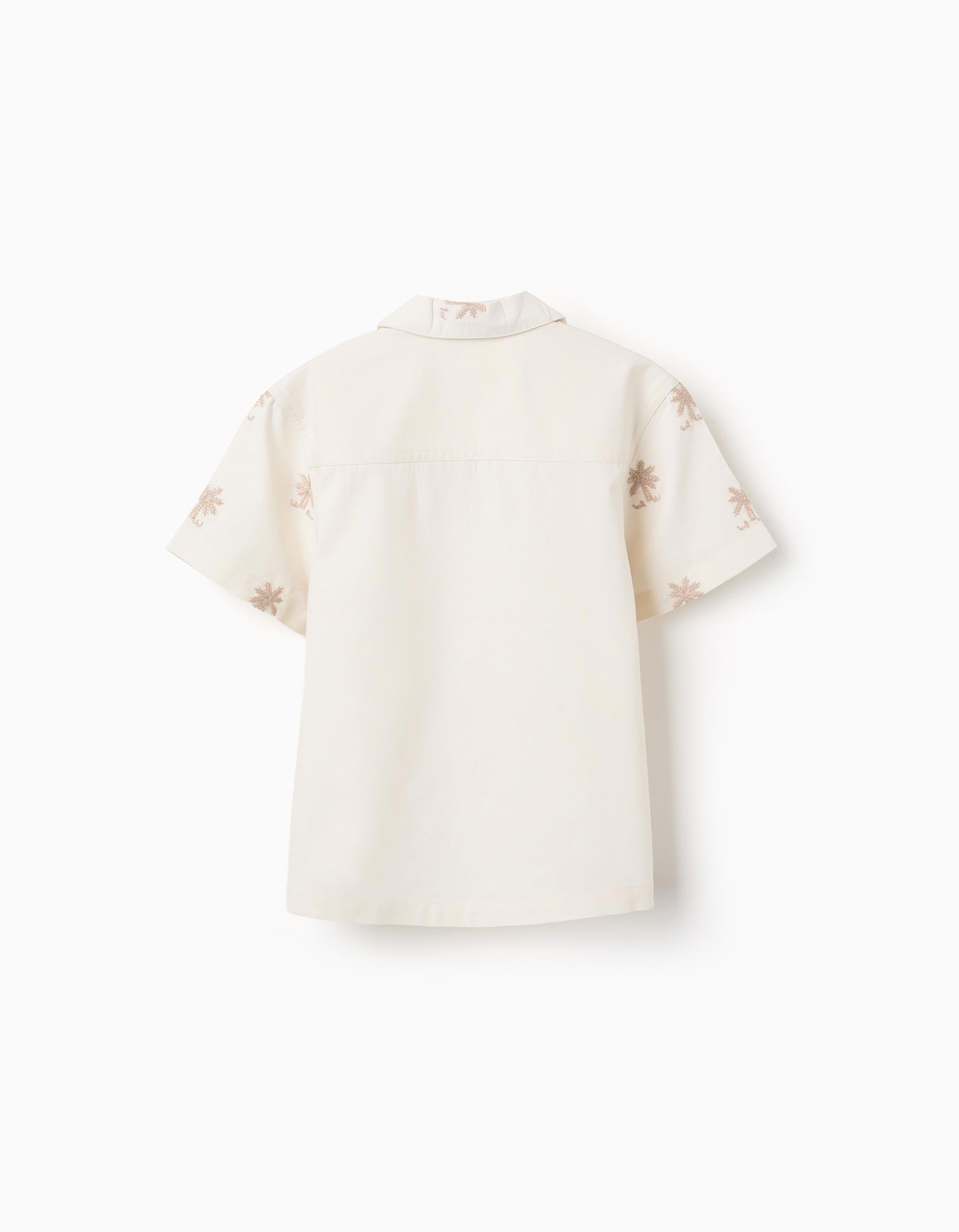 Cotton shirt with embroidered palm trees for boys, light beige