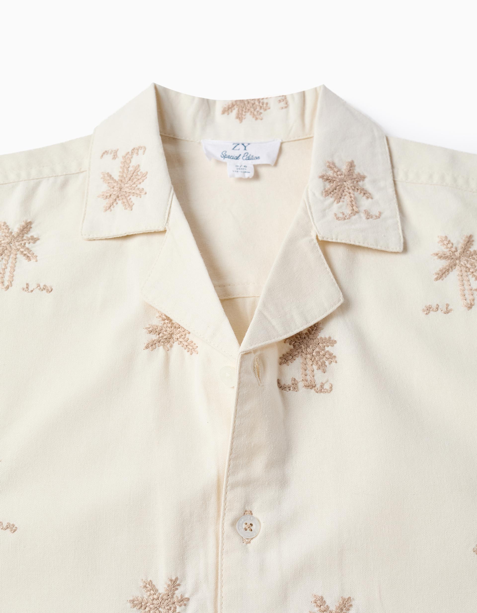 Cotton shirt with embroidered palm trees for boys, light beige