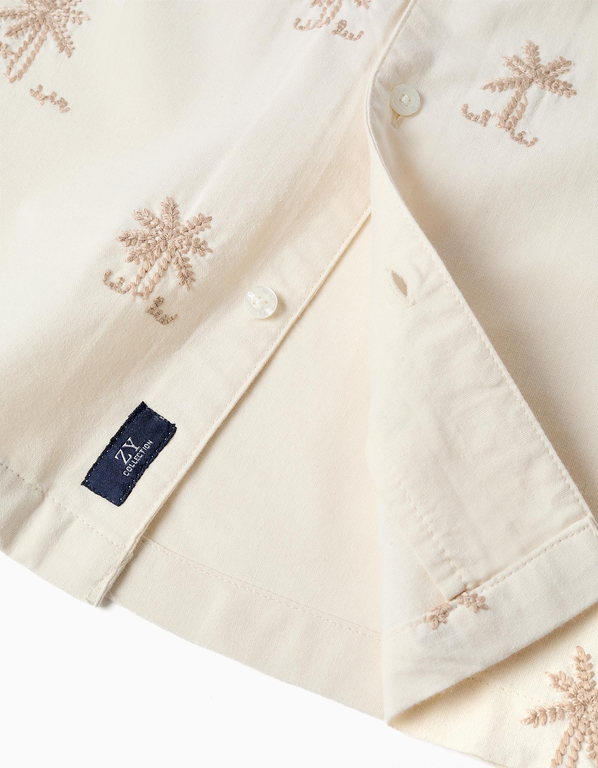 Cotton shirt with embroidered palm trees for boys, light beige
