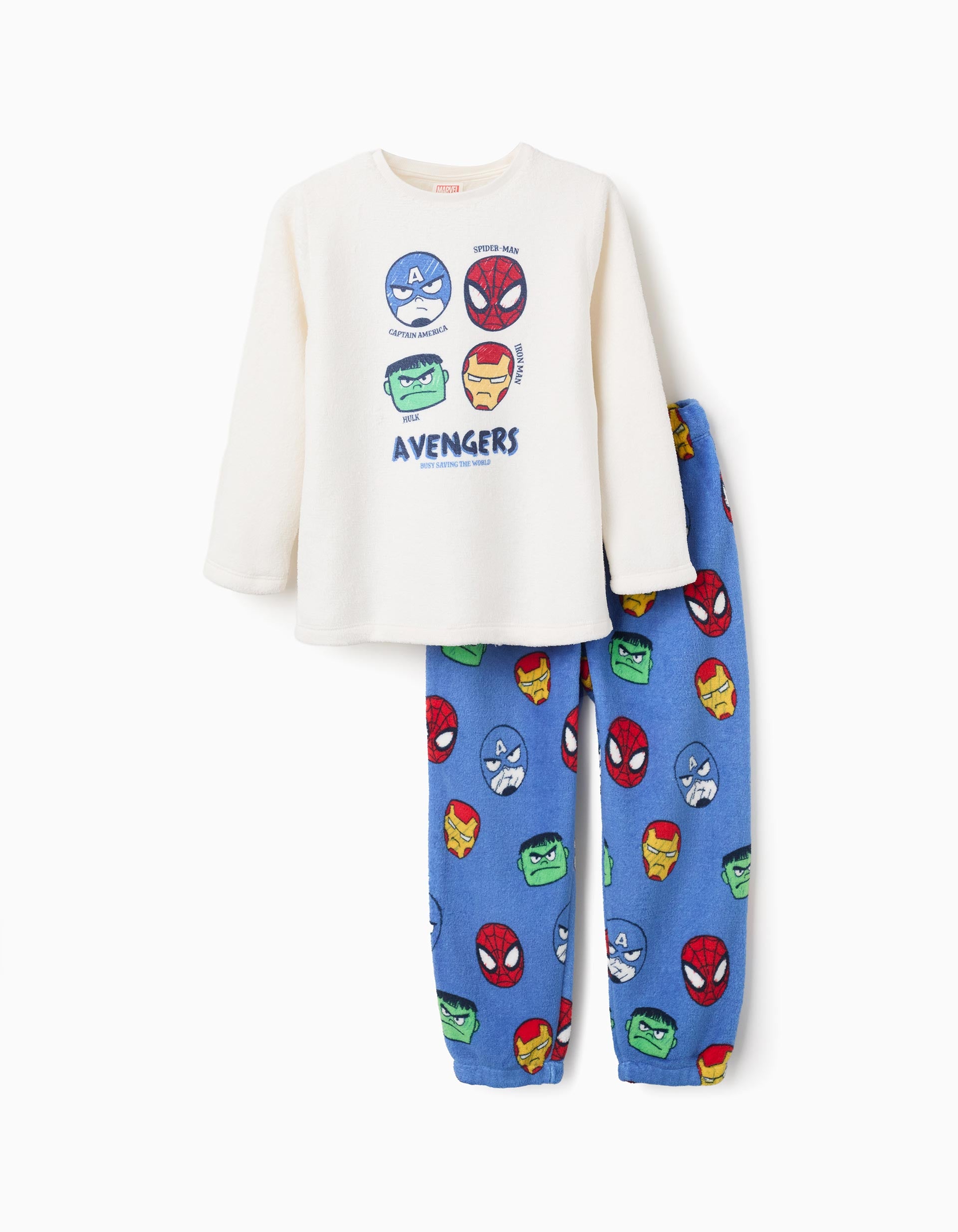 Pijama de polar coral con estampado Avengers para niño, blanco/azul