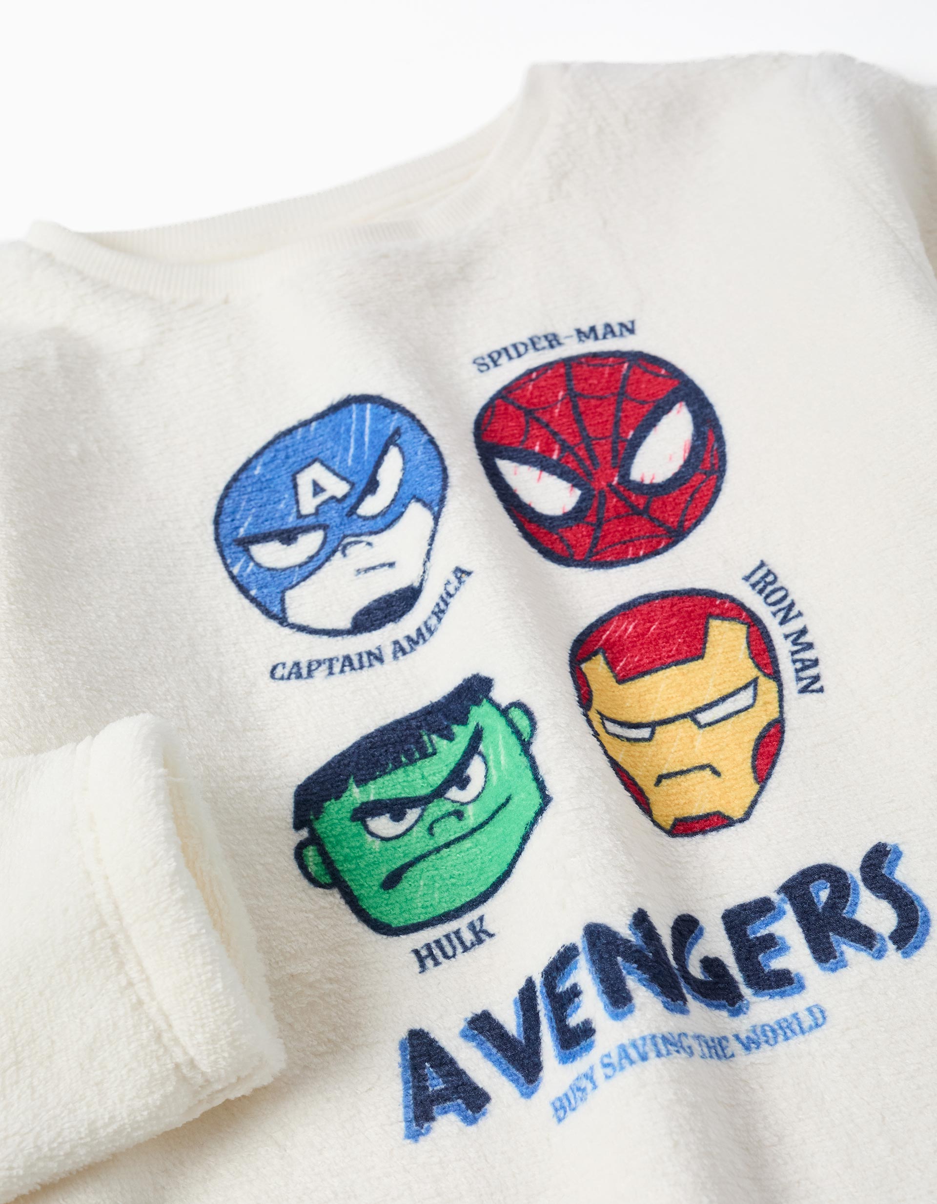 Pijama de polar coral con estampado Avengers para niño, blanco/azul
