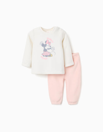 Coral fleece pyjamas with Minnie print for baby girls, white/pink