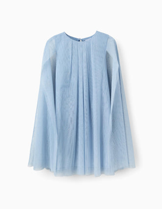 Vestido de tul sin mangas con mangas tipo capa para niña, azul