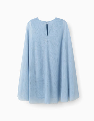 Vestido de tul sin mangas con mangas tipo capa para niña, azul
