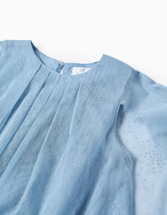 Vestido de tul sin mangas con mangas tipo capa para niña, azul
