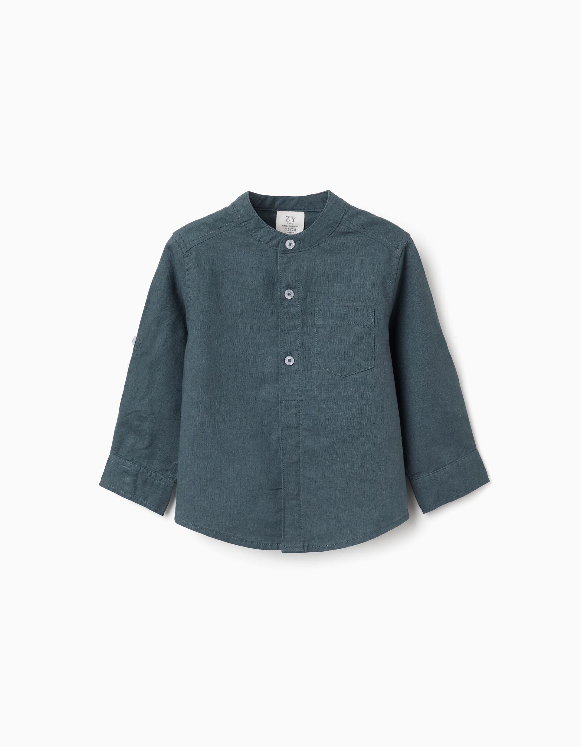 Camisa de manga comprida em linho com gola mao para bebé menino, azul-cinza