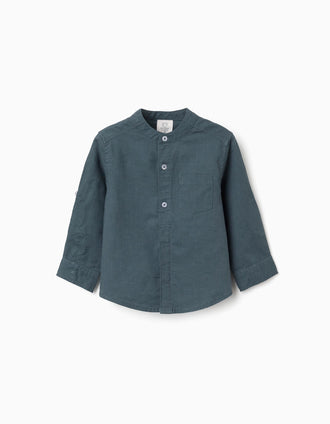 Camisa de manga larga en lino con cuello mao para bebé niño, azul grisáceo