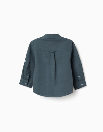 Camisa de manga larga en lino con cuello mao para bebé niño, azul grisáceo