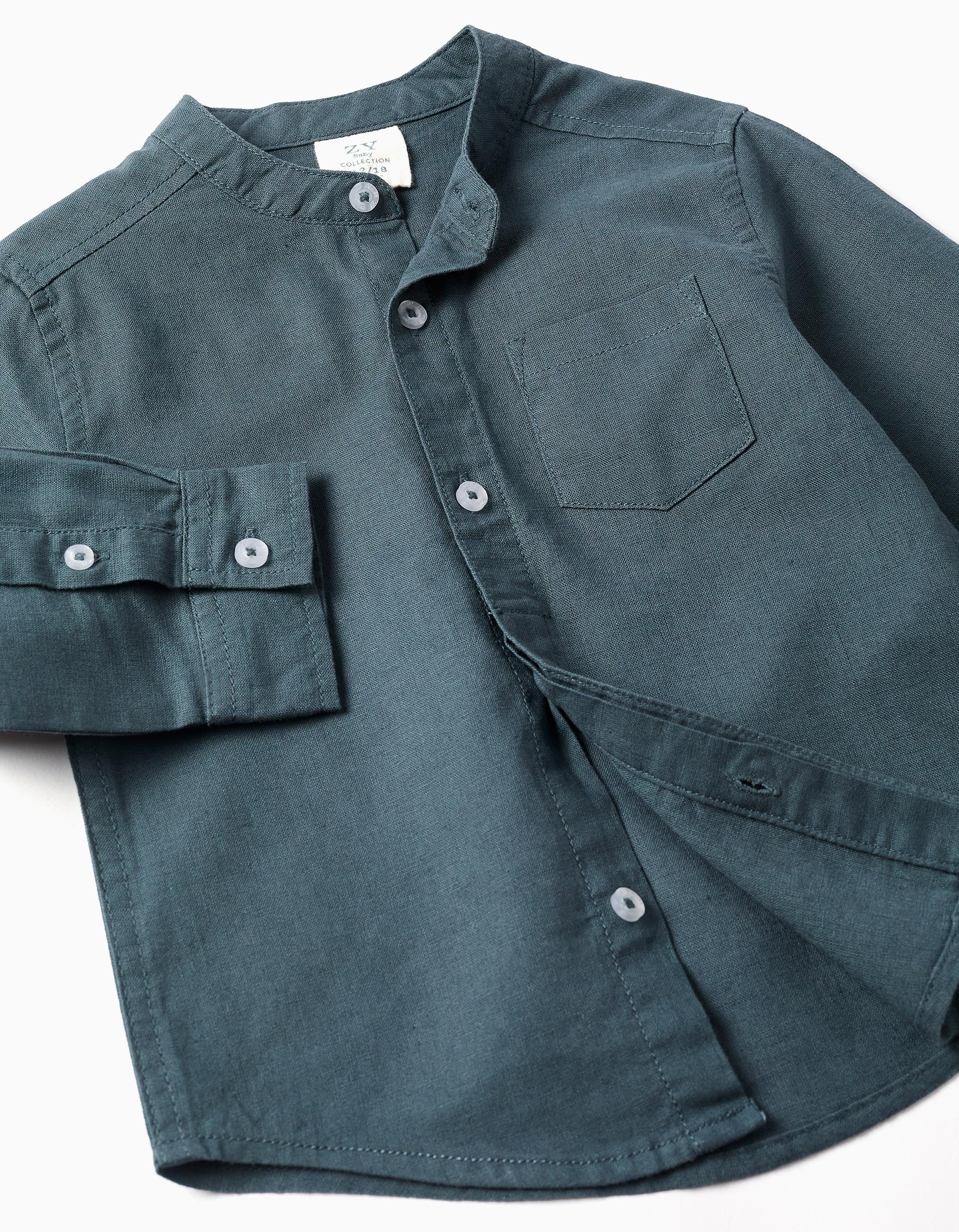 Camisa de manga comprida em linho com gola mao para bebé menino, azul-cinza