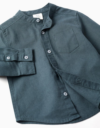 Camisa de manga larga en lino con cuello mao para bebé niño, azul grisáceo