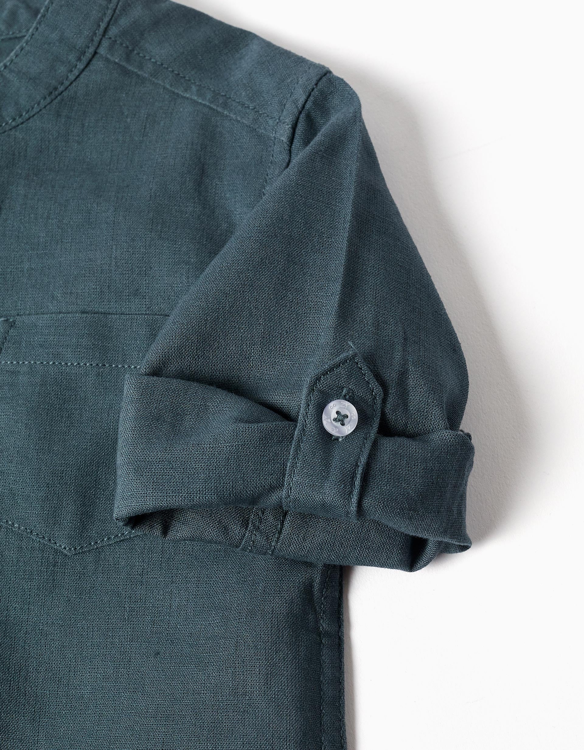 Camisa de manga comprida em linho com gola mao para bebé menino, azul-cinza