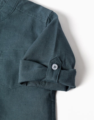 Camisa de manga larga en lino con cuello mao para bebé niño, azul grisáceo