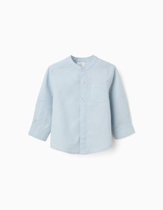Camisa de manga comprida em linho com gola mao para bebé menino, azul