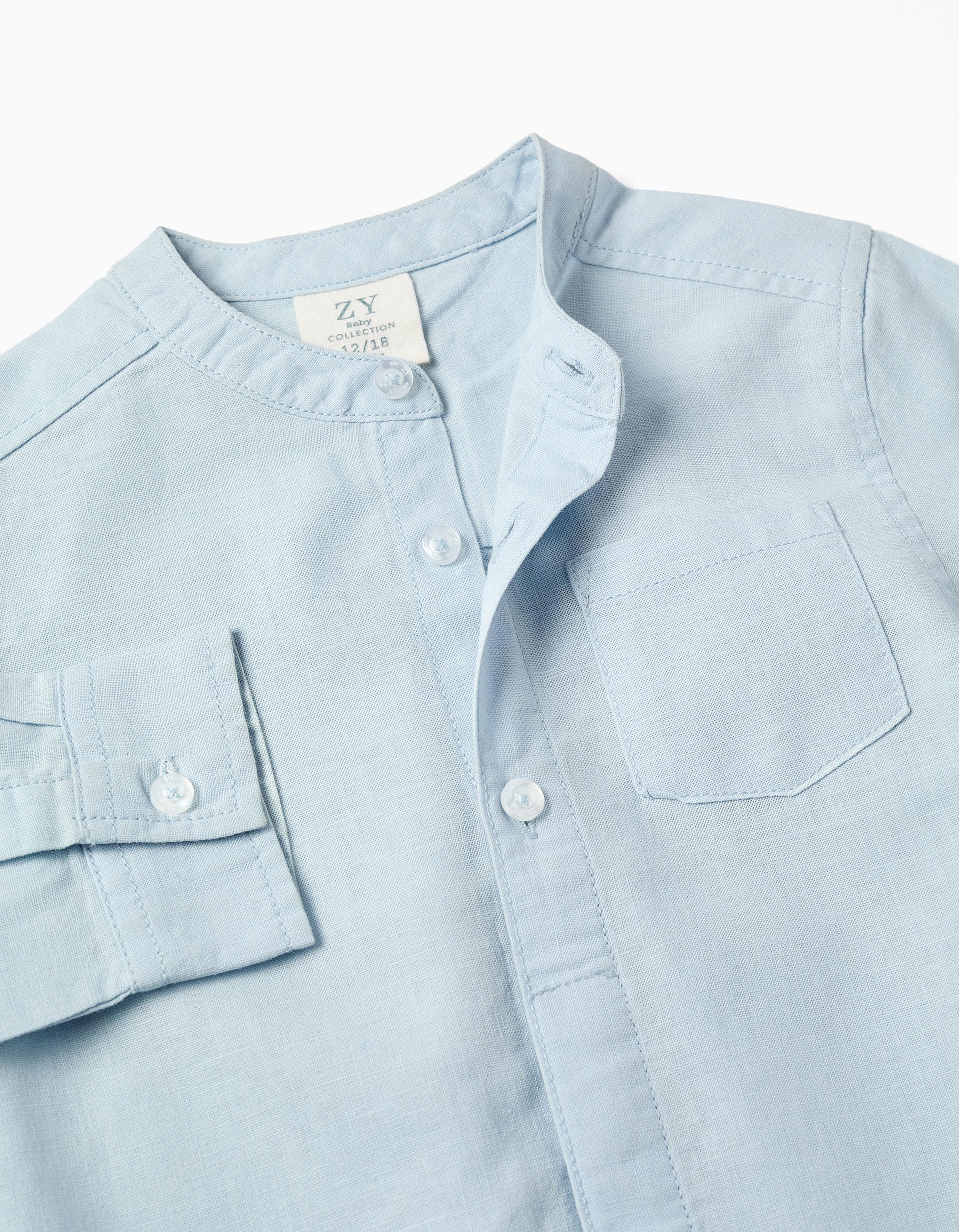 Camisa de manga comprida em linho com gola mao para bebé menino, azul