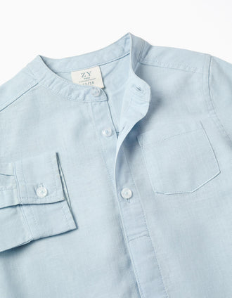 Camisa de manga comprida em linho com gola mao para bebé menino, azul