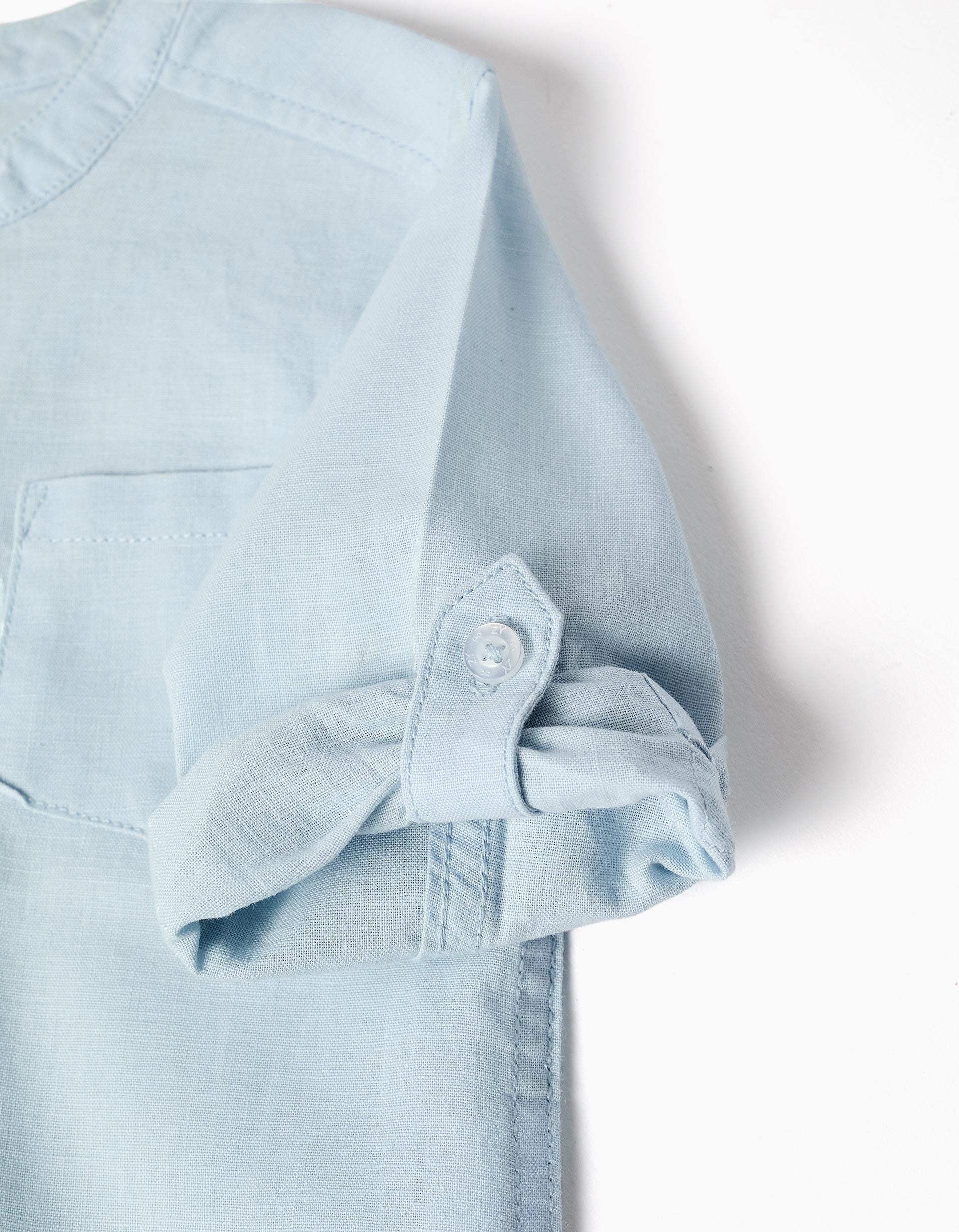 Camisa de manga comprida em linho com gola mao para bebé menino, azul