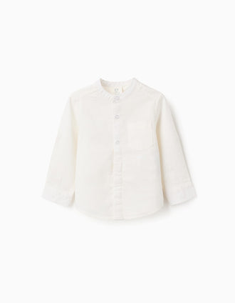Camisa de manga comprida em linho com gola mao para bebé menino, branco