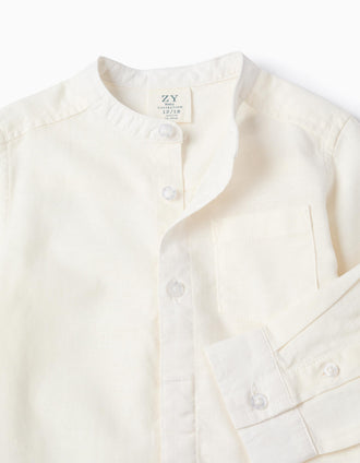 Camisa de manga comprida em linho com gola mao para bebé menino, branco