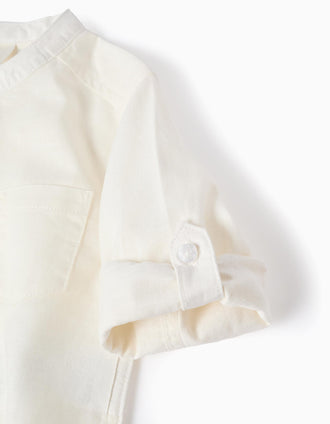 Camisa de manga comprida em linho com gola mao para bebé menino, branco