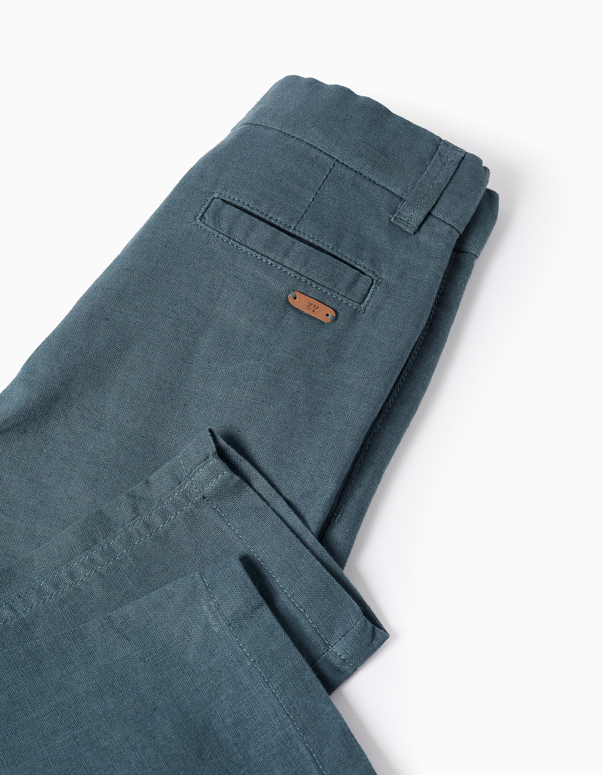 Pantalon chino à coupe droite en lin et coton pour bébé garçon, bleu foncé